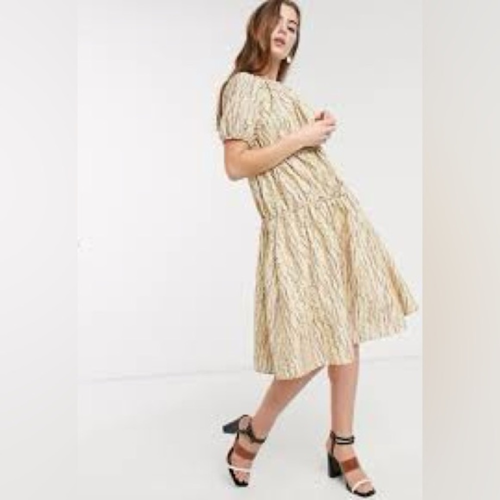 BOHO93		NWT Lost Ink Yellow Maroon S/S Midi Dress Sz 12 U To U 21"